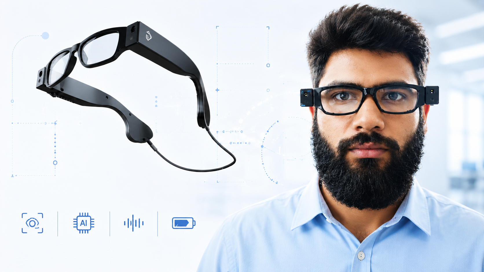 VFVI assistive spectacles with AI, voice, camera, and battery indicators
