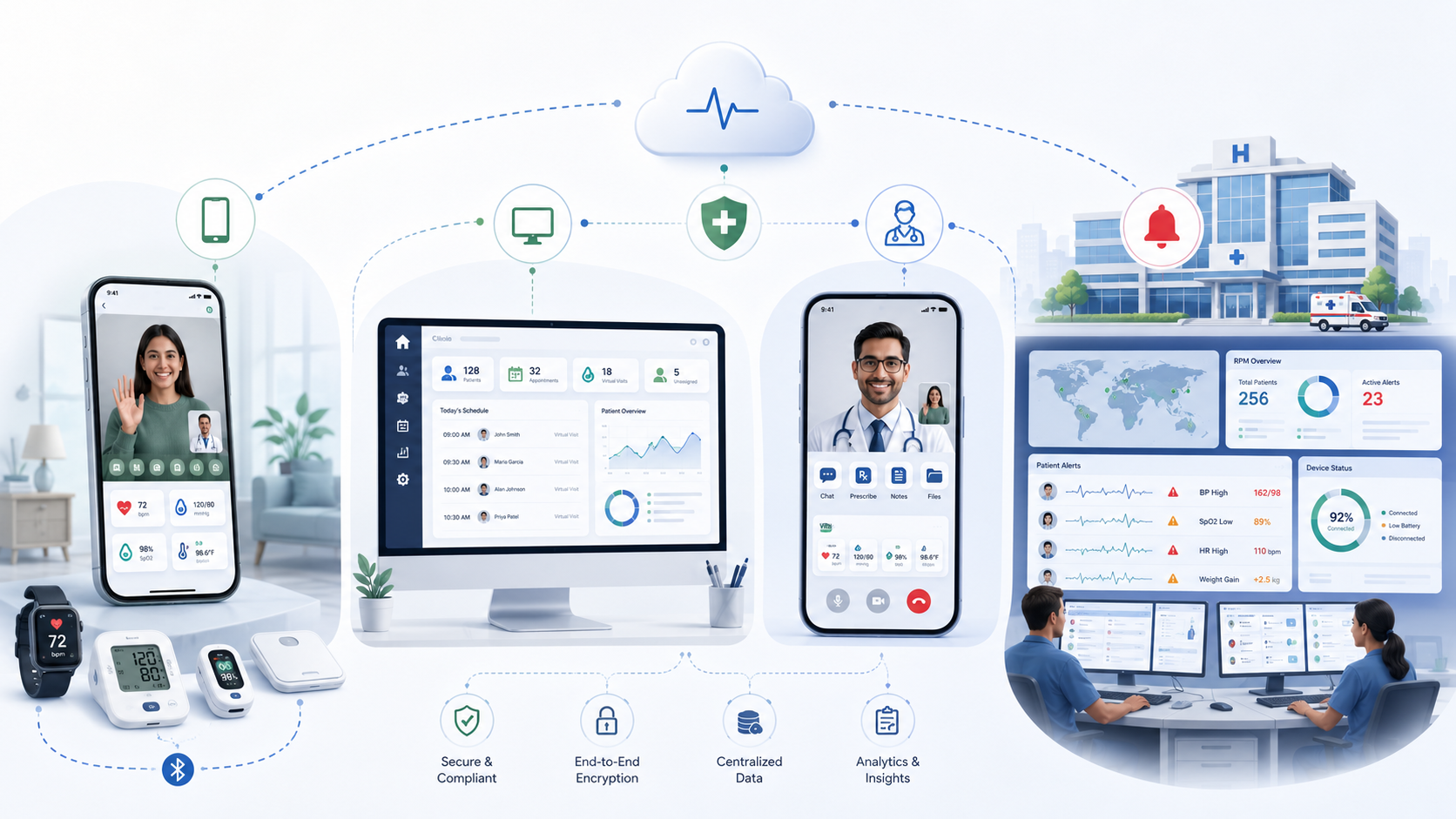 Virtual consultation ecosystem showing patient app, clinic web app, doctor app, and RPM alerts